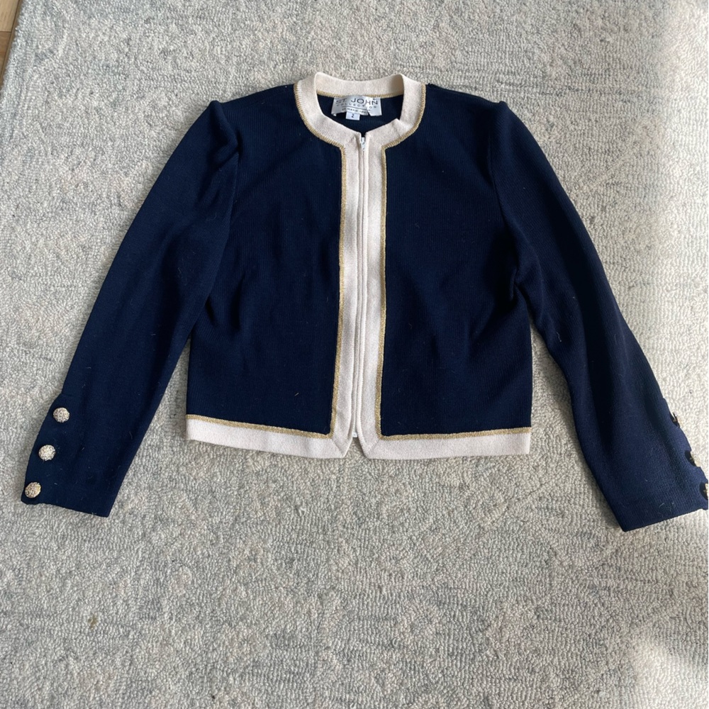 St. John Blue and Cream Cropped Blazer